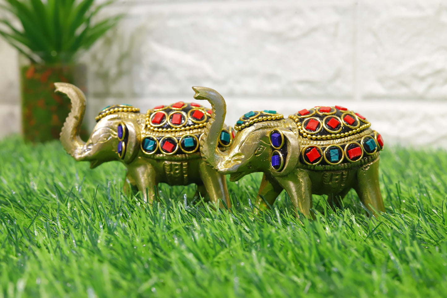 Brass Small Elephant with Stonework