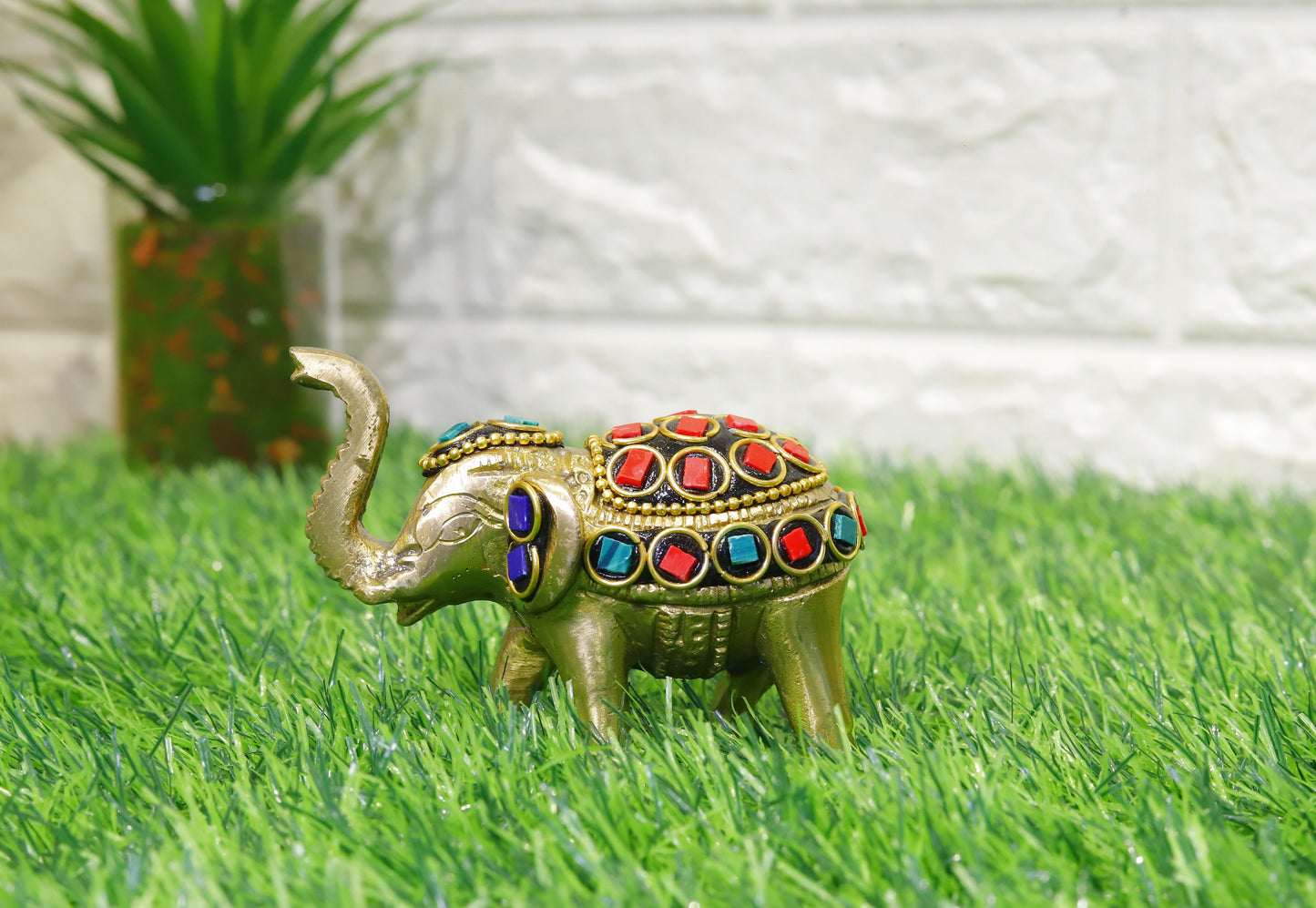 Brass Small Elephant with Stonework