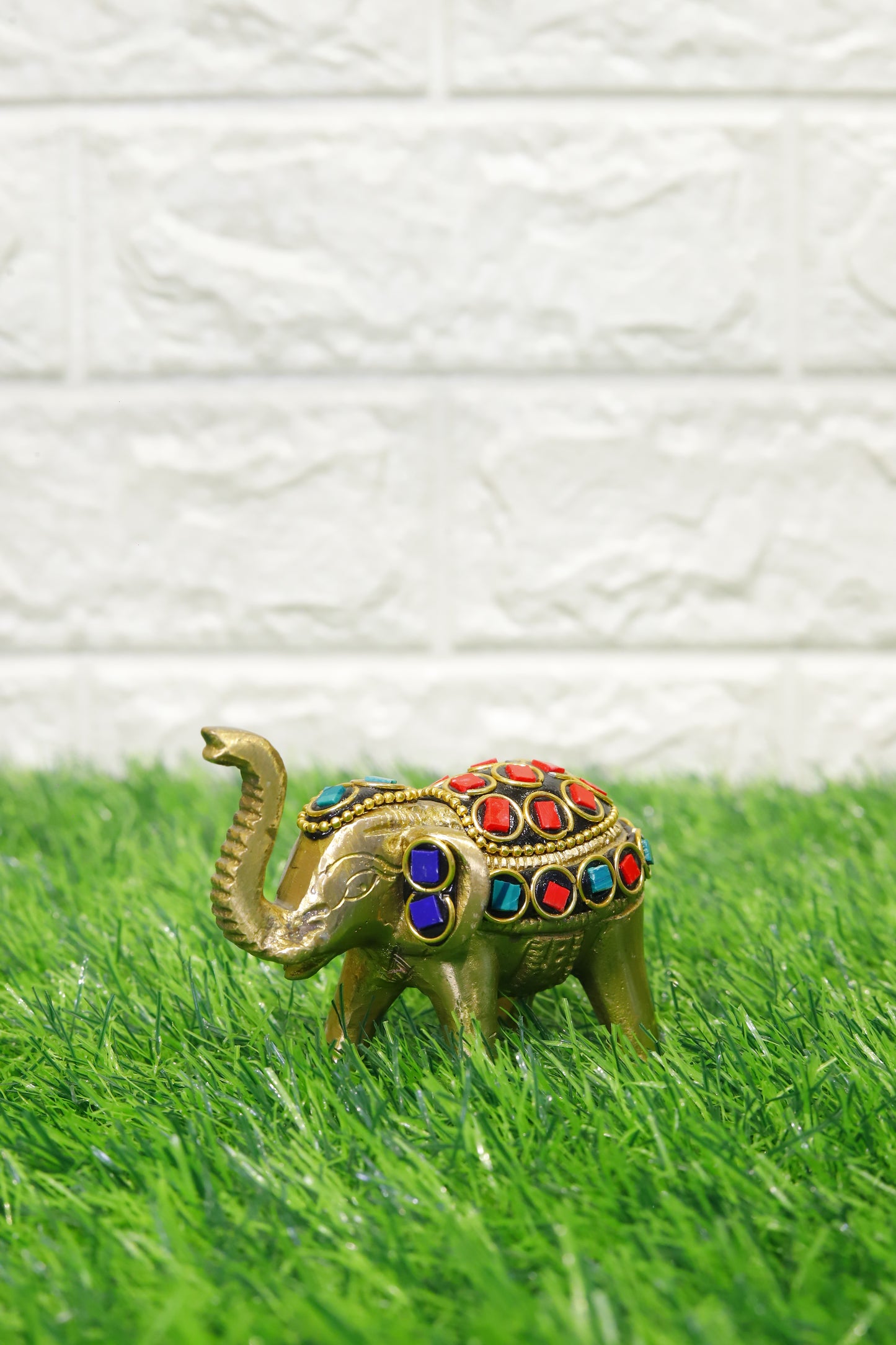 Brass Small Elephant with Stonework