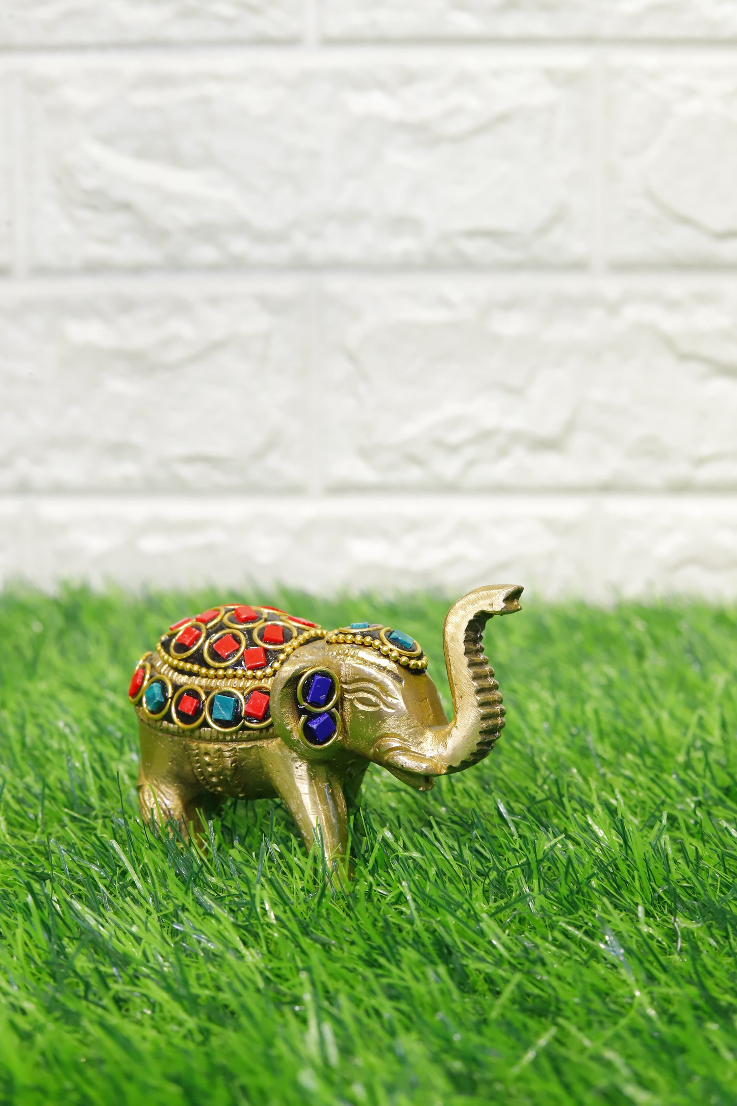 Brass Small Elephant with Stonework