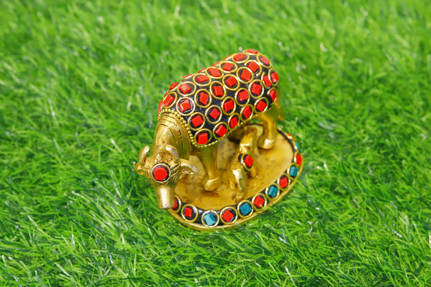 Brass Cow and Calf Handcrafted Idol Figurine with Colorful Stone Work