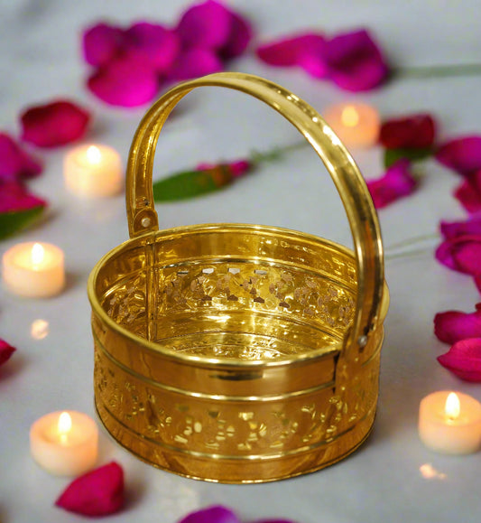 ॐ Round Shaped Laser Cut Brass Puja Basket
