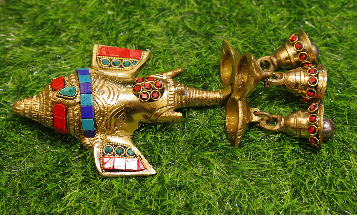 Brass Ganesha With Bell Wall Hanging and Stone Work