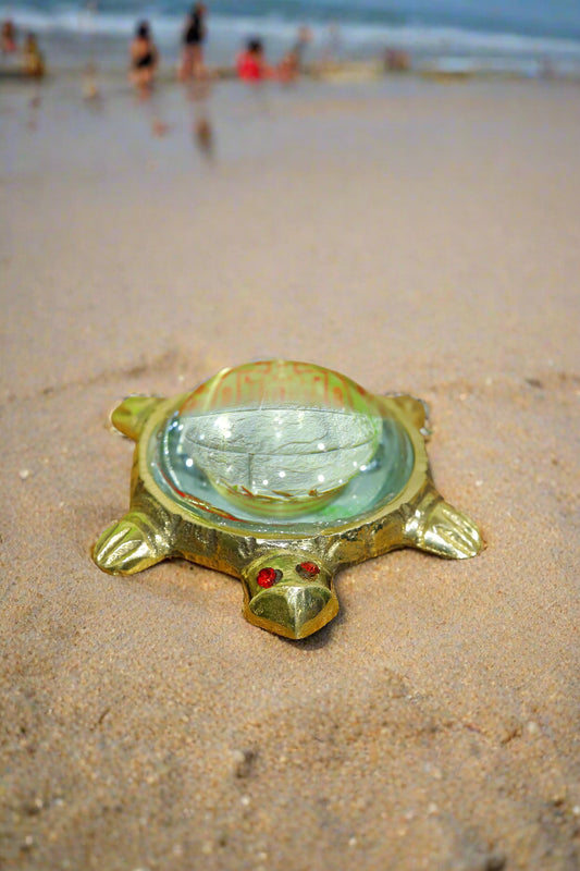 Brass Vaastu Turtle , Kachua with Glass Shree Sampoorna Yantra | Fengshui Tortoise Shri Kuber Yantra